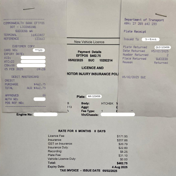 西オーストラリア州で車の新しいレジストレーションを取得した際の書類と領収書。カード決済のレシート、ナンバープレート返却の証明、ライセンスと保険の内訳が並んでいる。個人情報やナンバーは隠してある。